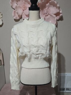 Cropped Cream Cable-Knit Crew Sweater